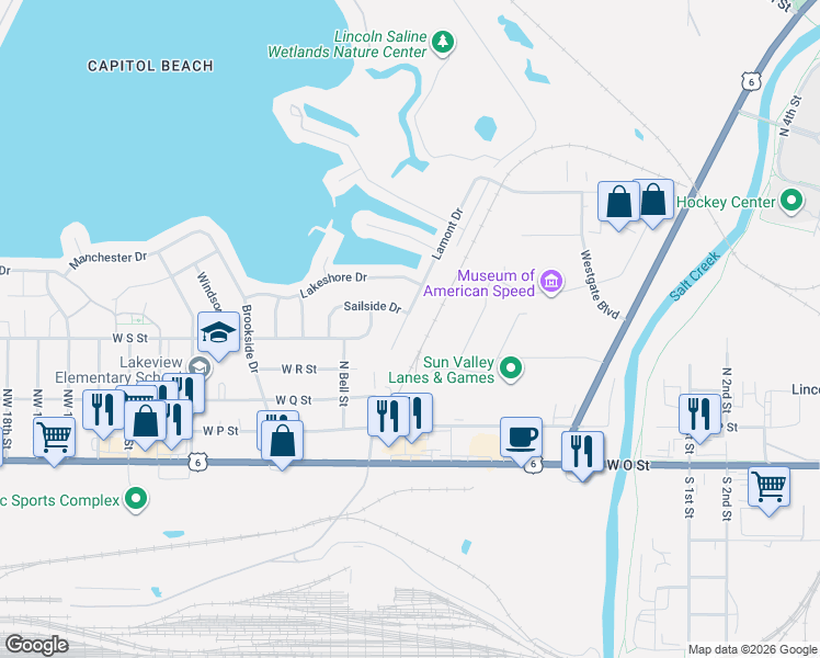map of restaurants, bars, coffee shops, grocery stores, and more near 538 Lamont Drive in Lincoln