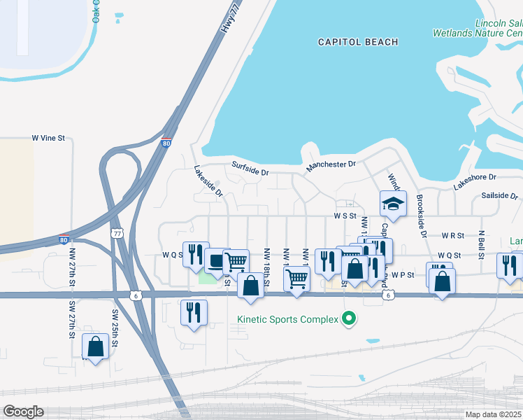 map of restaurants, bars, coffee shops, grocery stores, and more near 1818 West S Street in Lincoln