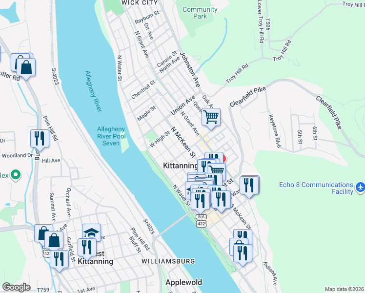 map of restaurants, bars, coffee shops, grocery stores, and more near 325 North McKean Street in Kittanning