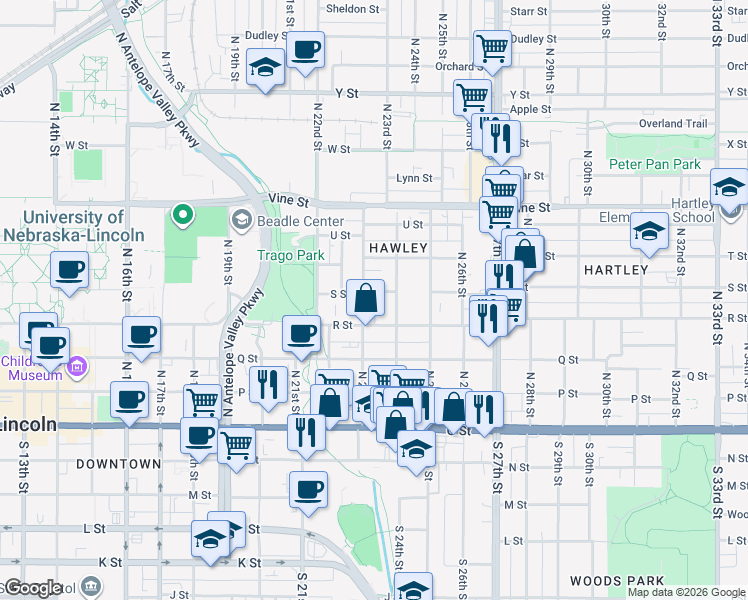 map of restaurants, bars, coffee shops, grocery stores, and more near 540 North 24th Street in Lincoln