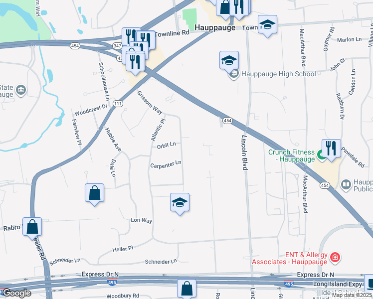map of restaurants, bars, coffee shops, grocery stores, and more near 85 Grissom Way in Hauppauge
