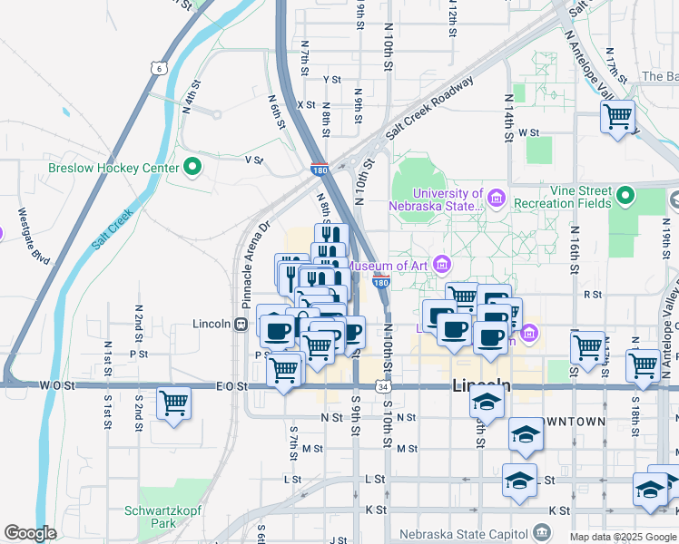 map of restaurants, bars, coffee shops, grocery stores, and more near 821 S Street in Lincoln