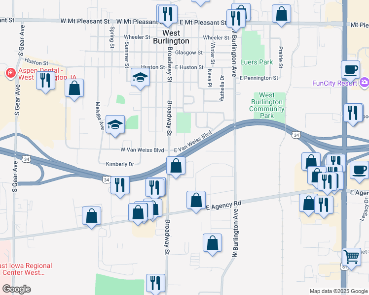 map of restaurants, bars, coffee shops, grocery stores, and more near 200 East Van Weiss Boulevard in West Burlington