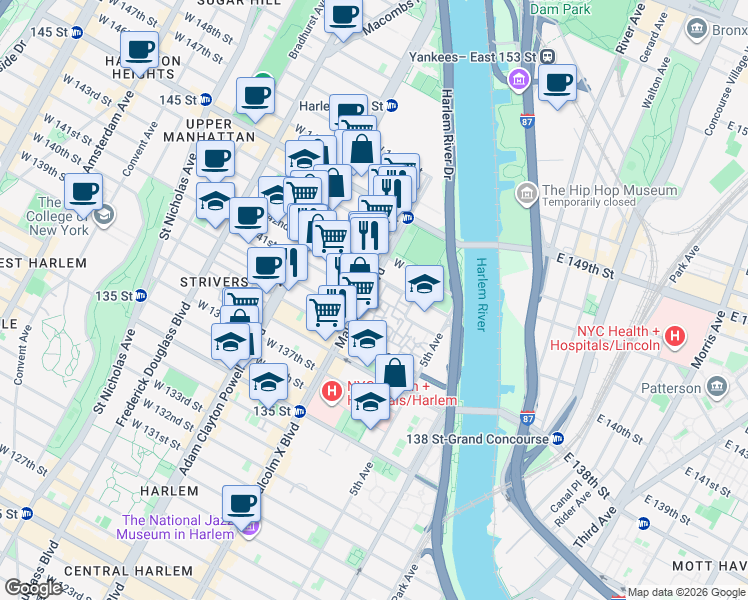 map of restaurants, bars, coffee shops, grocery stores, and more near 630 Lenox Avenue in New York
