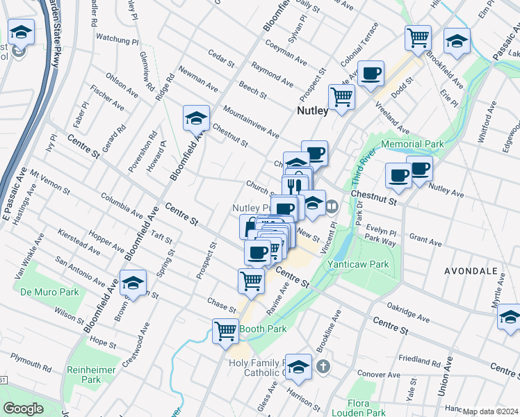 map of restaurants, bars, coffee shops, grocery stores, and more near 100 New Street in Nutley