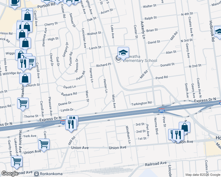 map of restaurants, bars, coffee shops, grocery stores, and more near 71 Mary Avenue in Ronkonkoma