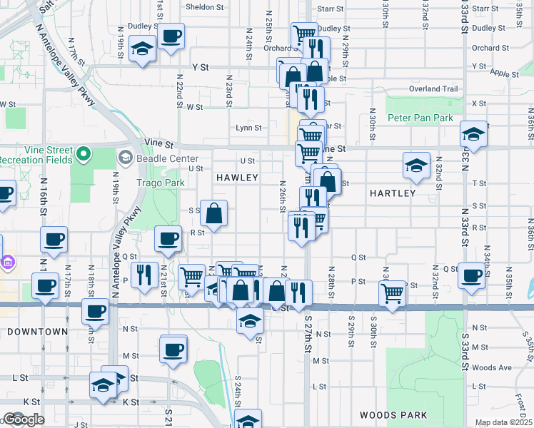 map of restaurants, bars, coffee shops, grocery stores, and more near 2546 S Street in Lincoln