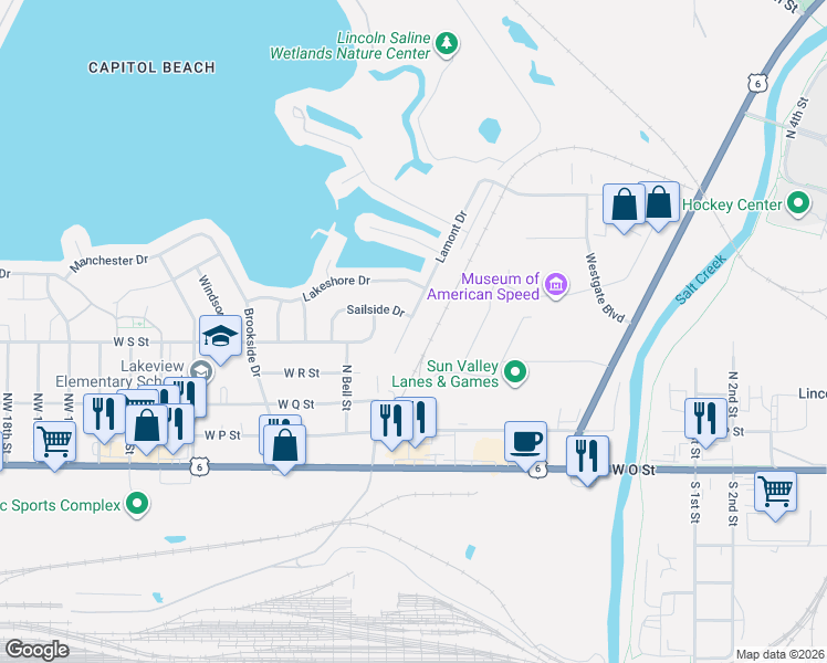 map of restaurants, bars, coffee shops, grocery stores, and more near 538 Lamont Drive in Lincoln