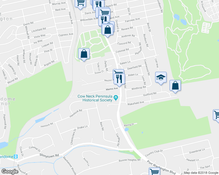 map of restaurants, bars, coffee shops, grocery stores, and more near 17 Marino Avenue in Port Washington