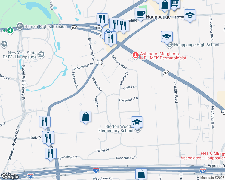 map of restaurants, bars, coffee shops, grocery stores, and more near 6 Greene Court in Hauppauge