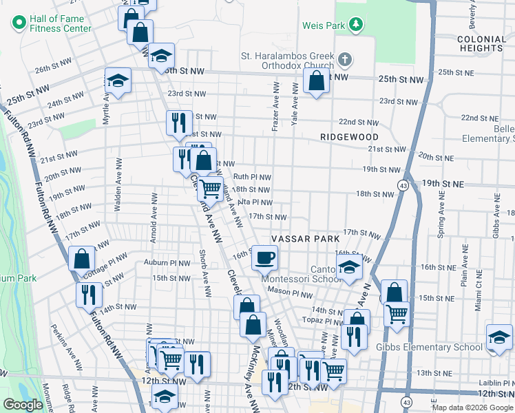 map of restaurants, bars, coffee shops, grocery stores, and more near 613 Alta Place Northwest in Canton