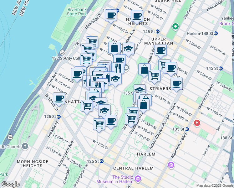 map of restaurants, bars, coffee shops, grocery stores, and more near 141 Convent Avenue in New York