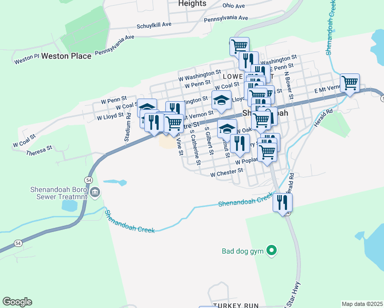 map of restaurants, bars, coffee shops, grocery stores, and more near 511 West Cherry Street in Shenandoah
