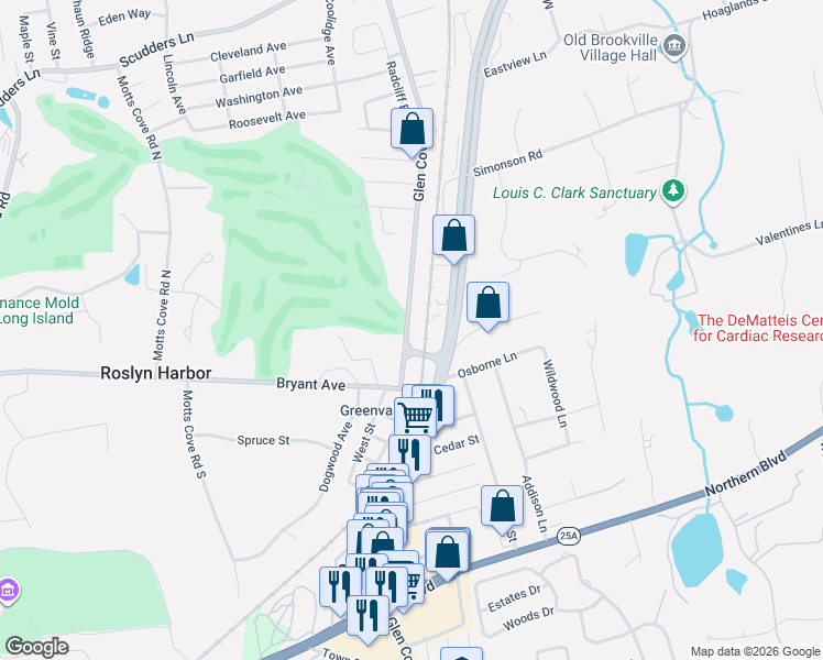 map of restaurants, bars, coffee shops, grocery stores, and more near 1054 Glen Cove Avenue in Glen Head