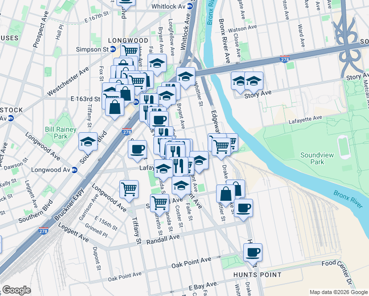 map of restaurants, bars, coffee shops, grocery stores, and more near 836 Faile Street in Bronx