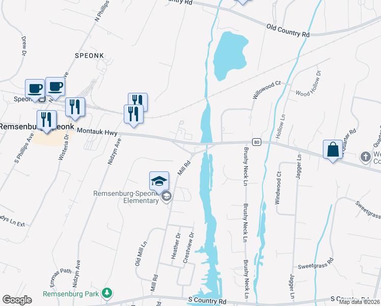 map of restaurants, bars, coffee shops, grocery stores, and more near Old Montauk Highway in Westhampton