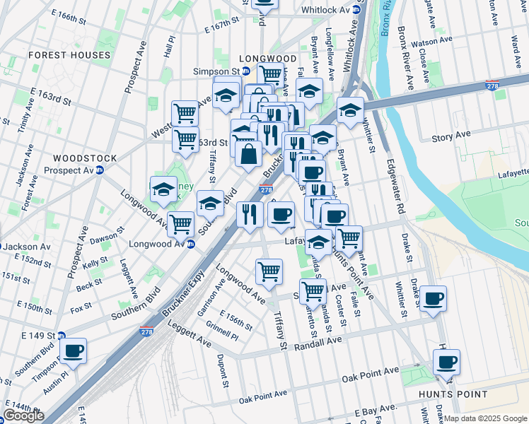 map of restaurants, bars, coffee shops, grocery stores, and more near 935 Garrison Avenue in The Bronx