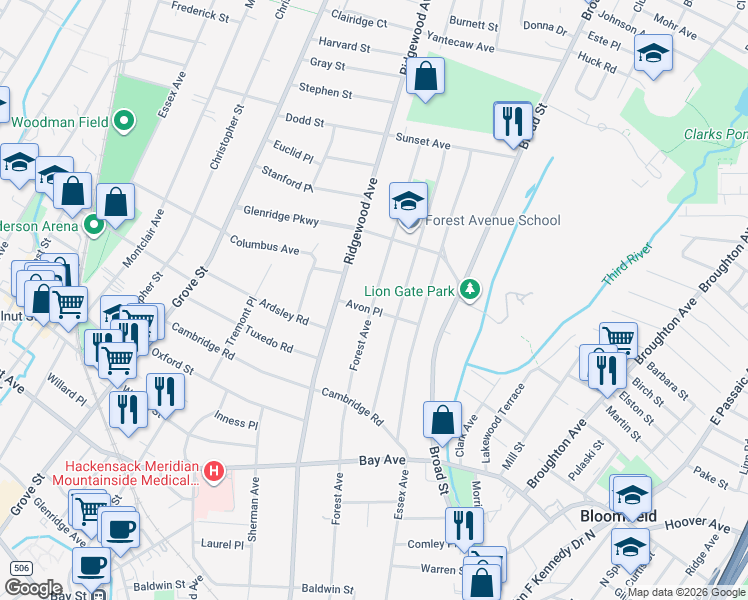 map of restaurants, bars, coffee shops, grocery stores, and more near 256 Forest Avenue in Glen Ridge