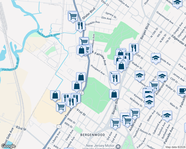 map of restaurants, bars, coffee shops, grocery stores, and more near 130 Broad Avenue in Fairview