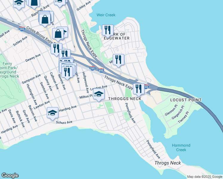 map of restaurants, bars, coffee shops, grocery stores, and more near 208 Meagher Avenue in Bronx
