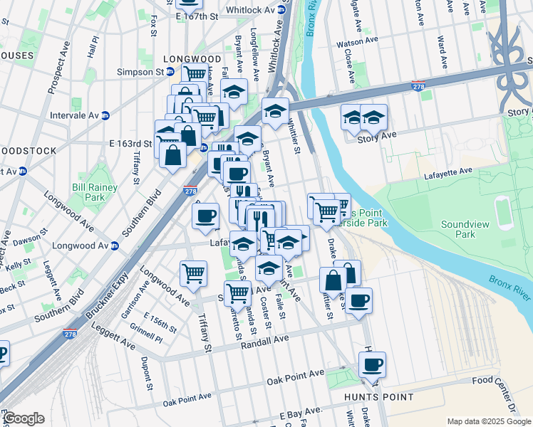 map of restaurants, bars, coffee shops, grocery stores, and more near 836 Faile Street in Bronx