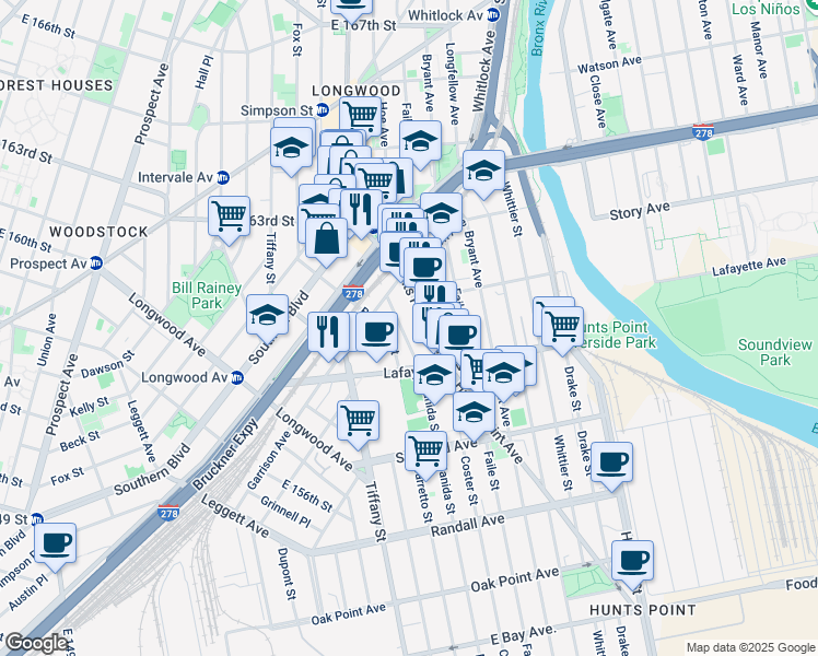 map of restaurants, bars, coffee shops, grocery stores, and more near 857 Manida Street in Bronx