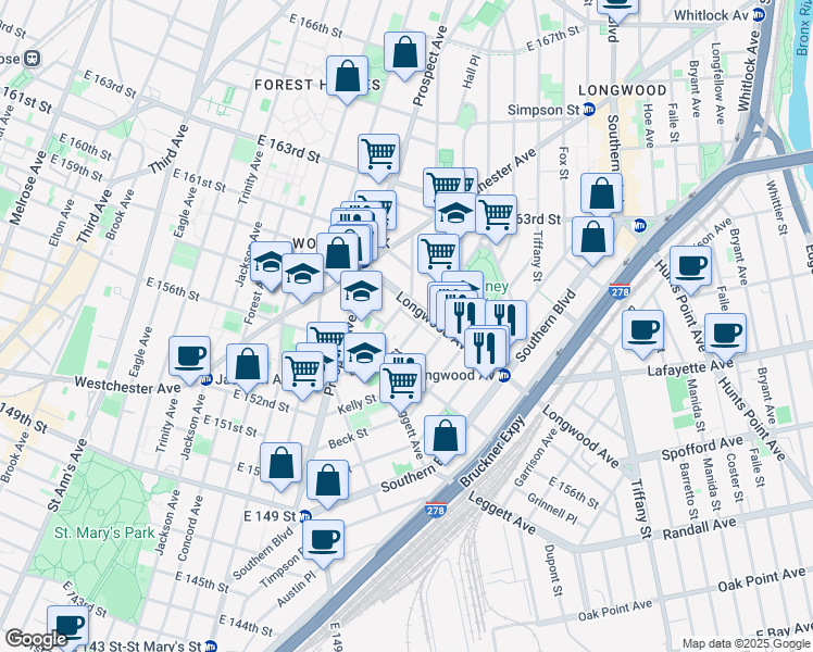 map of restaurants, bars, coffee shops, grocery stores, and more near 776 Hewitt Place in Bronx
