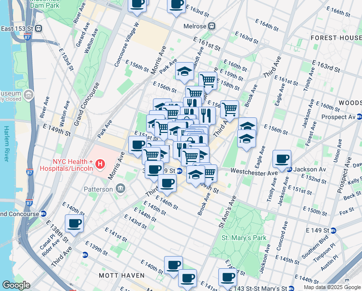 map of restaurants, bars, coffee shops, grocery stores, and more near 627 Melrose Avenue in Bronx