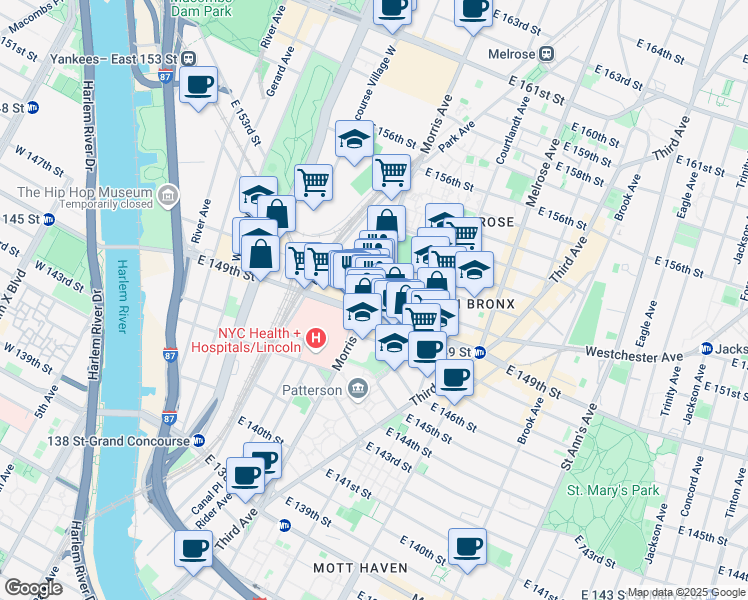 map of restaurants, bars, coffee shops, grocery stores, and more near in The Bronx