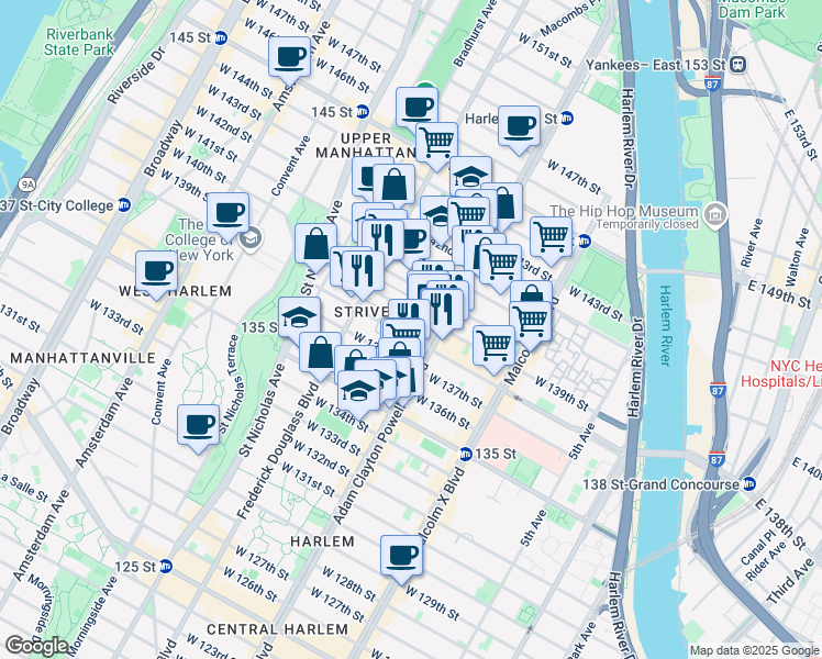 map of restaurants, bars, coffee shops, grocery stores, and more near 204 West 139th Street in New York
