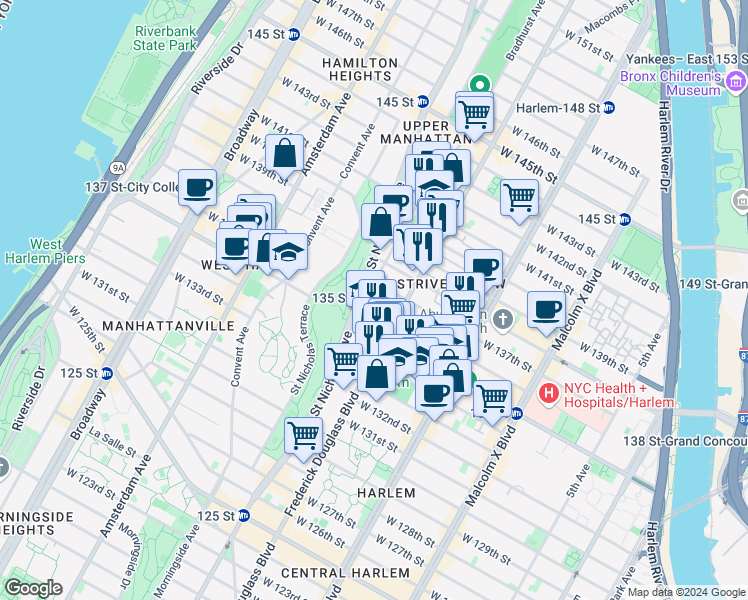 map of restaurants, bars, coffee shops, grocery stores, and more near in New York