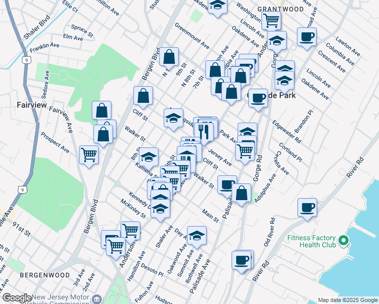 map of restaurants, bars, coffee shops, grocery stores, and more near 376 Cliff Street in Fairview