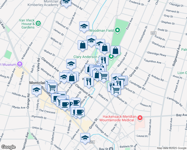 map of restaurants, bars, coffee shops, grocery stores, and more near 19 Label Street in Montclair