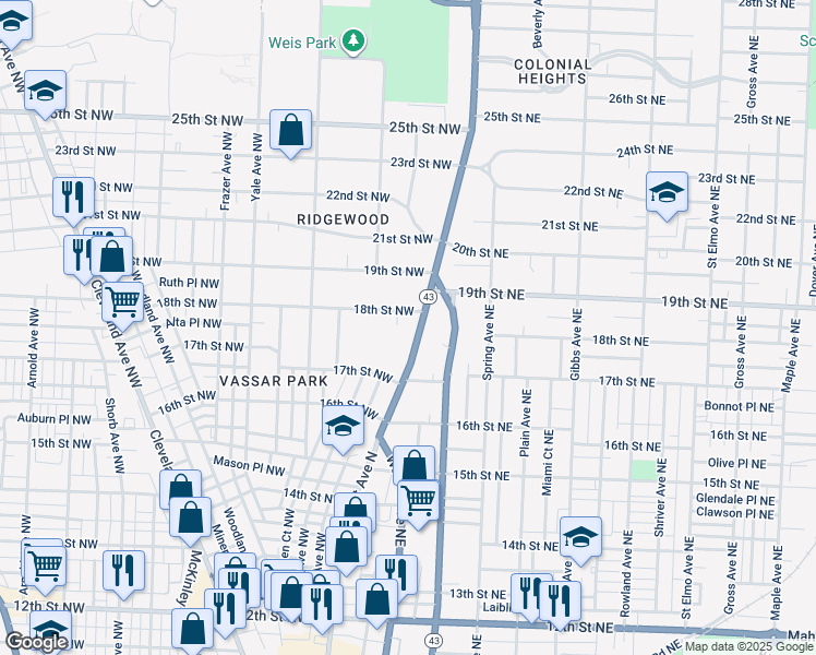 map of restaurants, bars, coffee shops, grocery stores, and more near 112 18th Street Northwest in Canton