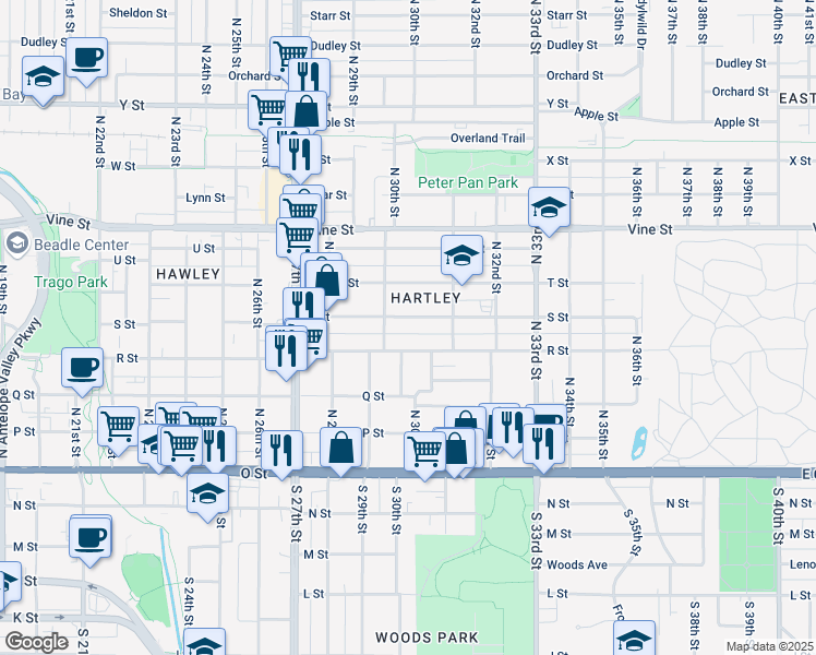 map of restaurants, bars, coffee shops, grocery stores, and more near 3025 S Street in Lincoln