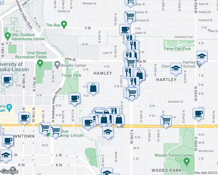map of restaurants, bars, coffee shops, grocery stores, and more near 501 North 25th Street in Lincoln