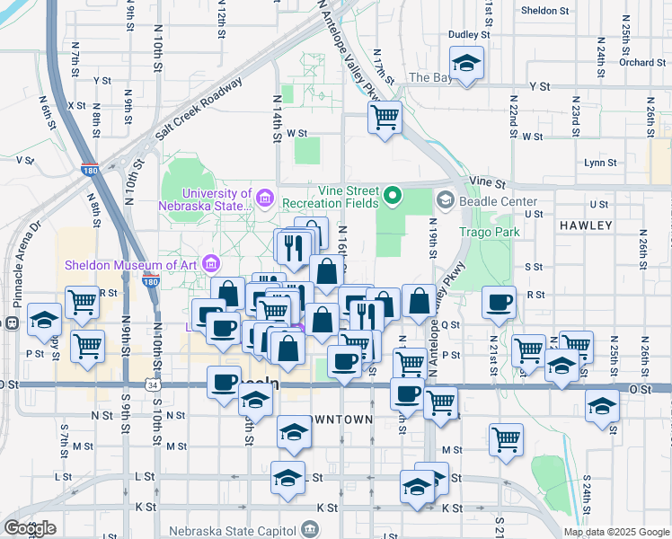 map of restaurants, bars, coffee shops, grocery stores, and more near 1548 S Street in Lincoln
