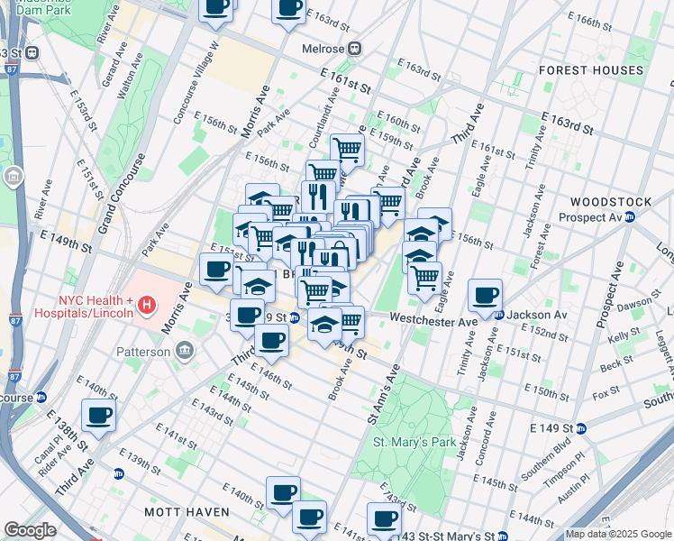 map of restaurants, bars, coffee shops, grocery stores, and more near 2939 3rd Avenue in The Bronx