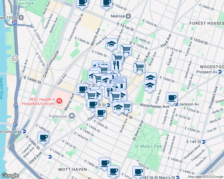 map of restaurants, bars, coffee shops, grocery stores, and more near 627 Melrose Avenue in Bronx