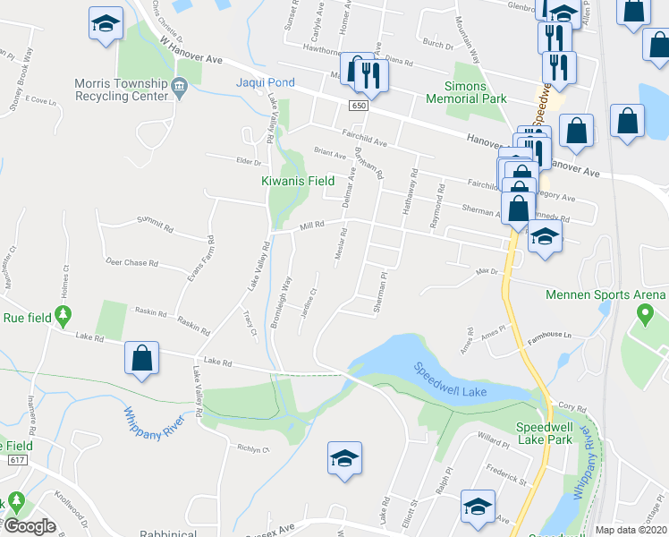 map of restaurants, bars, coffee shops, grocery stores, and more near 40 Meslar Road in Morris Plains