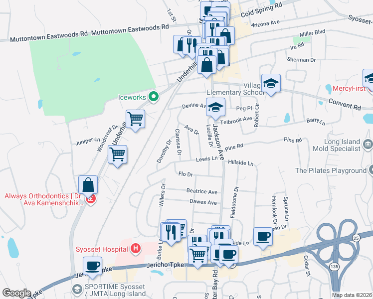 map of restaurants, bars, coffee shops, grocery stores, and more near 16 Barbara Drive in Syosset