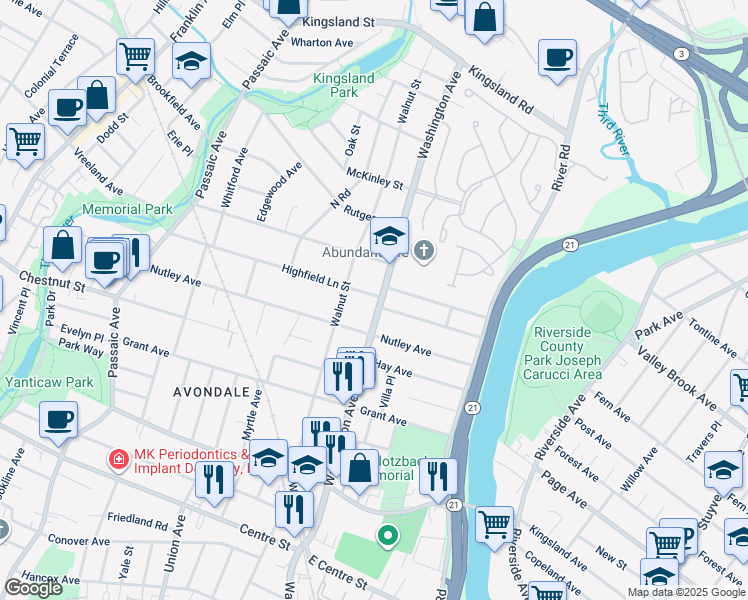 map of restaurants, bars, coffee shops, grocery stores, and more near 349 Washington Avenue in Nutley