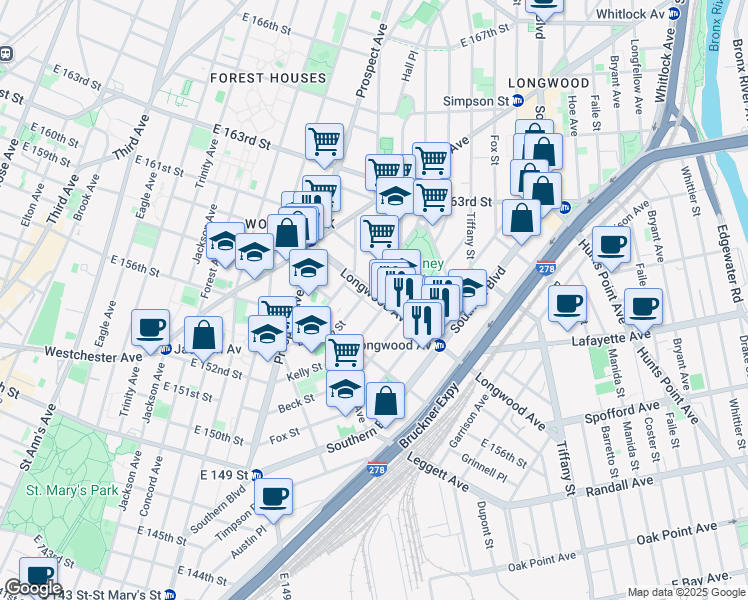 map of restaurants, bars, coffee shops, grocery stores, and more near 938 Longwood Avenue in Bronx