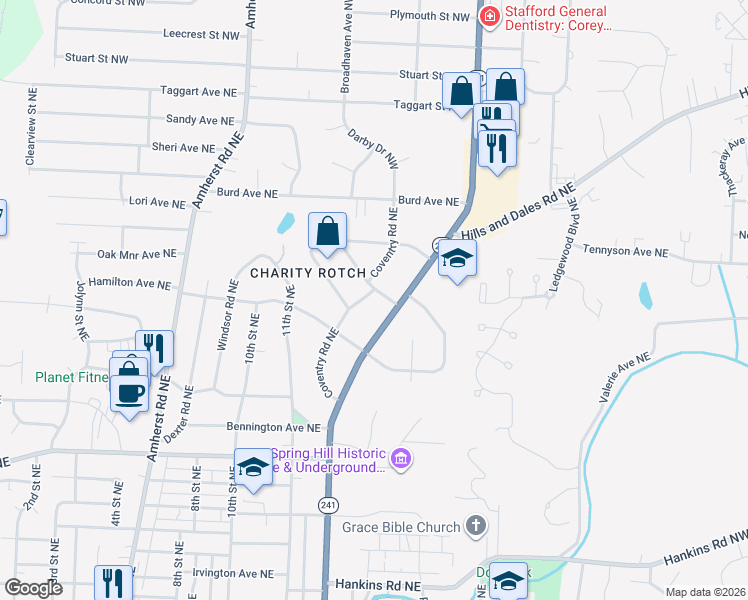 map of restaurants, bars, coffee shops, grocery stores, and more near 1319 Providence Road Northeast in Massillon