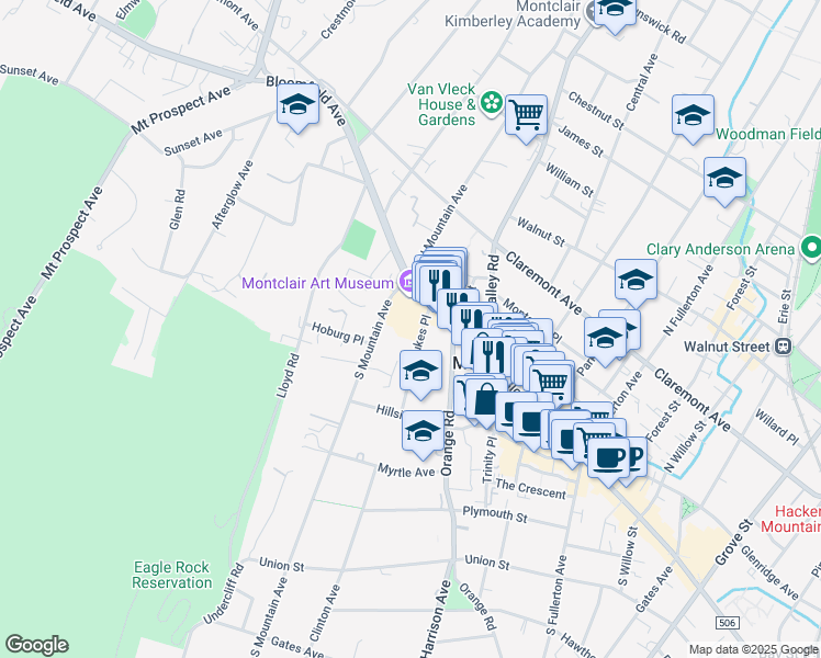 map of restaurants, bars, coffee shops, grocery stores, and more near 14 Saint Lukes Place in Montclair