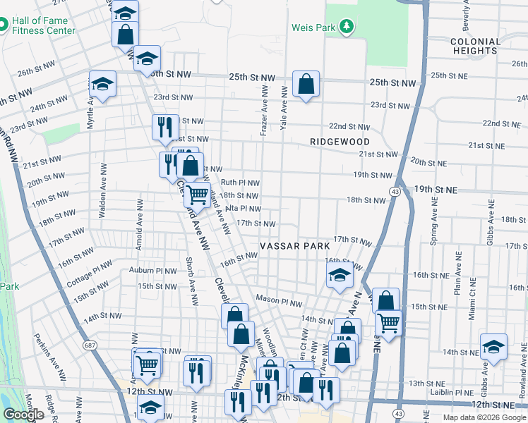 map of restaurants, bars, coffee shops, grocery stores, and more near 1718 Frazer Avenue Northwest in Canton