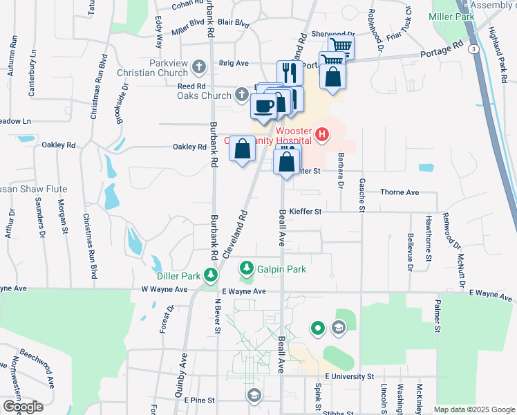 map of restaurants, bars, coffee shops, grocery stores, and more near 1615 Cleveland Road in Wooster