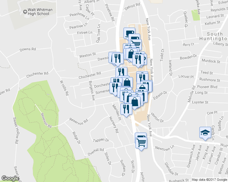 map of restaurants, bars, coffee shops, grocery stores, and more near 8 Somerset Street in Huntington Station
