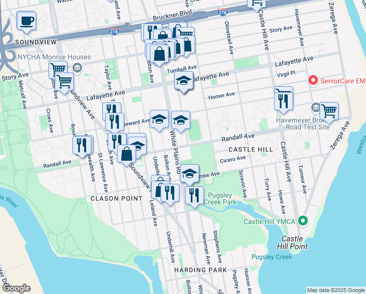 map of restaurants, bars, coffee shops, grocery stores, and more near 1940 Randall Avenue in The Bronx
