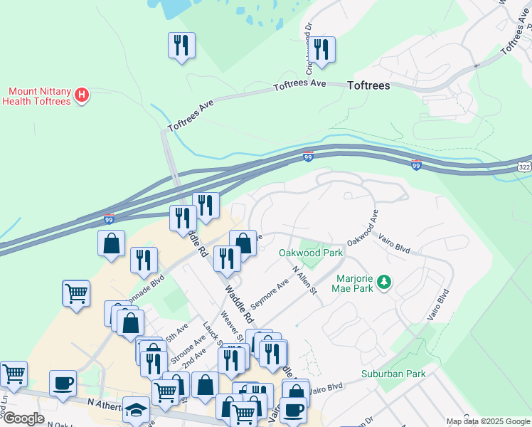 map of restaurants, bars, coffee shops, grocery stores, and more near 917 Oakwood Avenue in State College